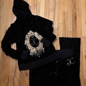 Juicy Couture Black Velour Hoodie and Pants Set